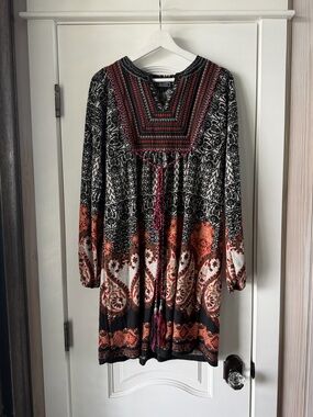 Angie Black Long-Sleeve Boho Dress with Rust & Cream Accents